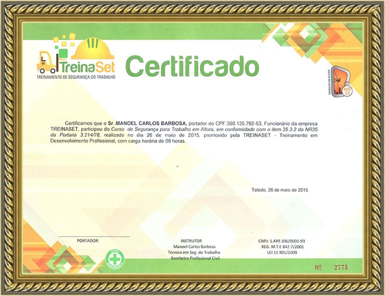 Certificado do CURSO DE TRABALHO EM ALTURA